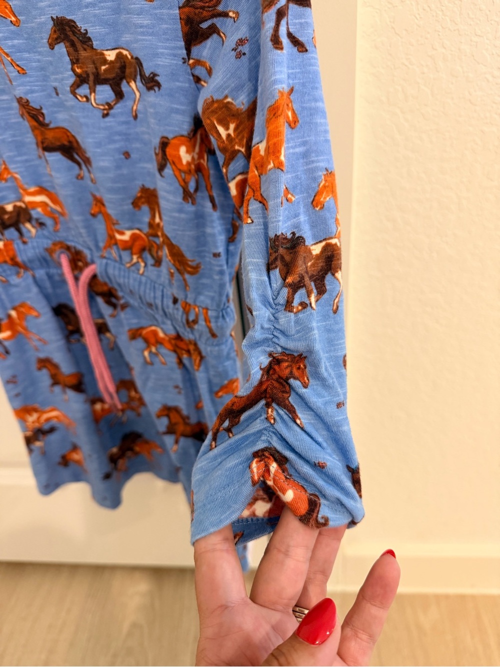 Hatley Light Blue Horse-Print Dress with Pink Drawstring - Picture 2 of 5